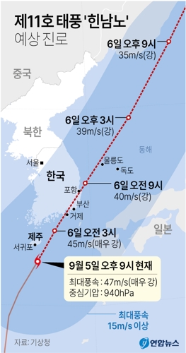 [그래픽]  The expected course of Typhoon No. 11 'Hinnamno' (as of 21:00)