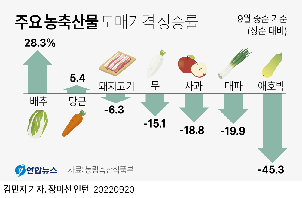 [그래픽] 주요 농축산물 도매가격 상승률 | 연합뉴스