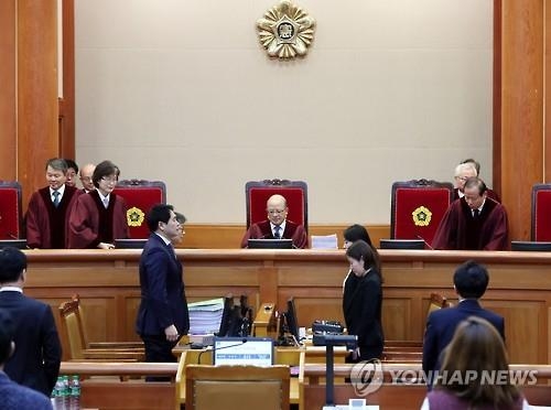图为朴槿惠总统弹劾案第二次庭审辩论现场。（韩联社）