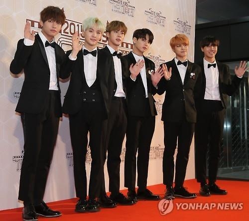 Bangtan Boys, abbreviated as BTS, shows up at a year-end music event held in western Seoul on Dec. 30, 2015. (Yonhap)