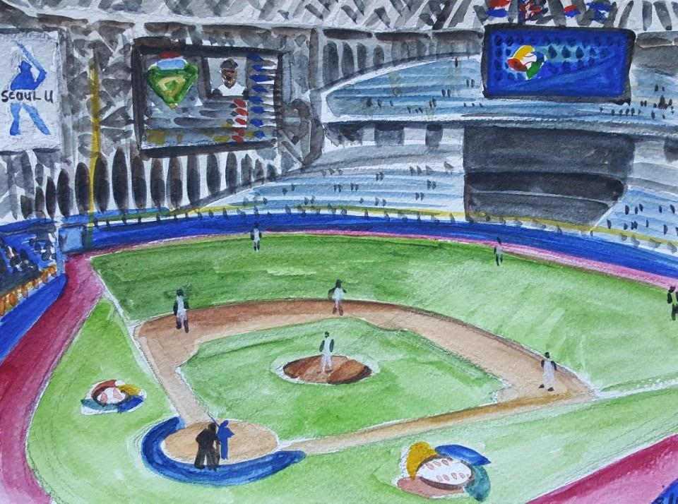 This painting, provided by Andy Brown, depicts a World Baseball Classic game inside Gocheok Sky Dome in Seoul in March 2017. (Yonhap)