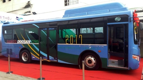 This undated photo, provided by Doosan Infracore Co., shows a CNG-engine mounted bus manufactured by Vietnamese carmaker SAMCO. (Yonhap)