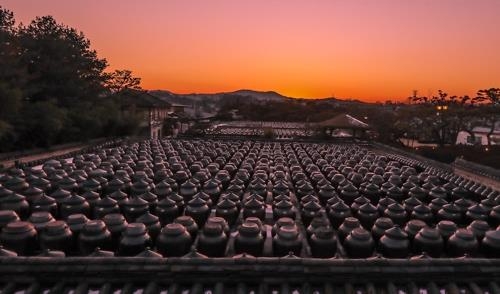 This photo shows more than 2,000 large clay jars, or "jangdok," containing traditional sauces and condiments at a traditional sauce maker in Anseong, Gyeonggi Province. (Yonhap)