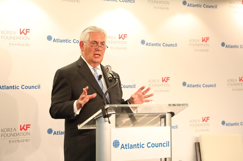 In this photo provided by the Korea Foundation, U.S. Secretary of State Rex Tillerson delivers a speech at a forum co-hosted by the foundation and the Atlantic Council in Washington on Dec. 12, 2017. (Yonhap)
