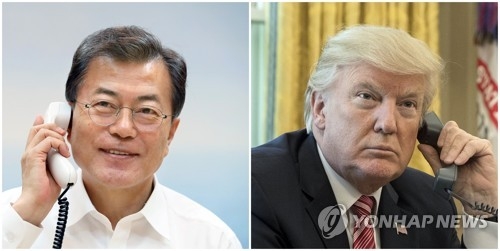 This compilation image shows South Korean President Moon Jae-in (L) in a photo provided by his office, and an EPA file photo of U.S. President Donald Trump. (Yonhap)