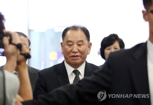 Kim Yong-chol, a vice chairman of the North's ruling Workers' Party's central committee, arrives at a Beijing airport to depart for Pyongyang on June 4, 2018. (Yonhap)