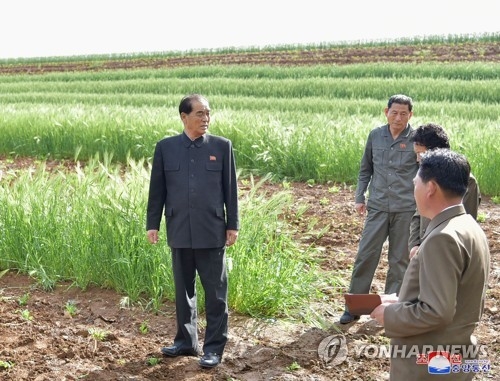 An undated file photo shows North Korean Premier Pak Pong-ju (L) visiting a farm in South Hwanghae Province. (For Use Only in the Republic of Korea. No Redistribution) (Yonhap)