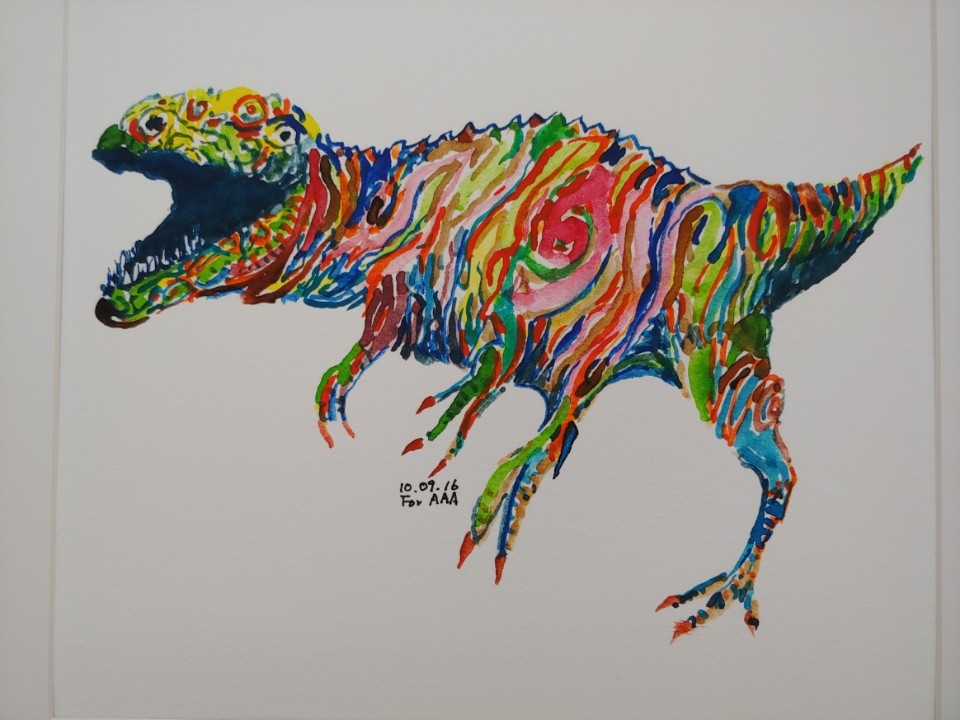 "T-Rex" by Lee Chan-jae is on display in an exhibition titled "Drawings for My Grandchildren" at the Brazilian Embassy in Seoul on June 5, 2018. (Yonhap)