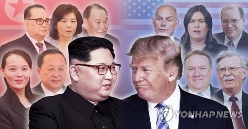 This combined image shows North Korean leader Kim Jong-un (L) and U.S. President Donald Trump, along with their key aides. (Yonhap) 