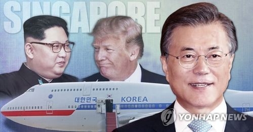 The image shows South Korean President Moon Jae-in (R), U.S. President Donald Trump (C) and North Korean leader Kim Jong-un. (Yonhap)