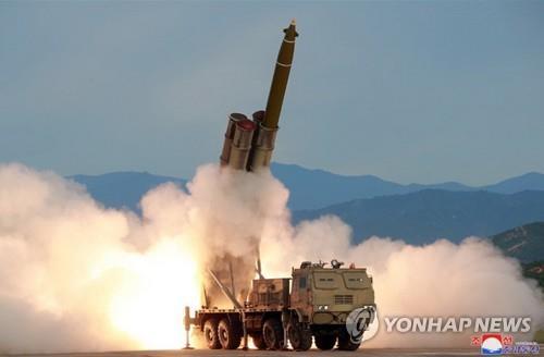 This photo carried by the Korean Central News Agency on Aug. 25, 2019, shows a "new super-large" multiple rocket launch system tested the previous day. (For Use Only in the Republic of Korea. No Redistribution) (Yonhap)