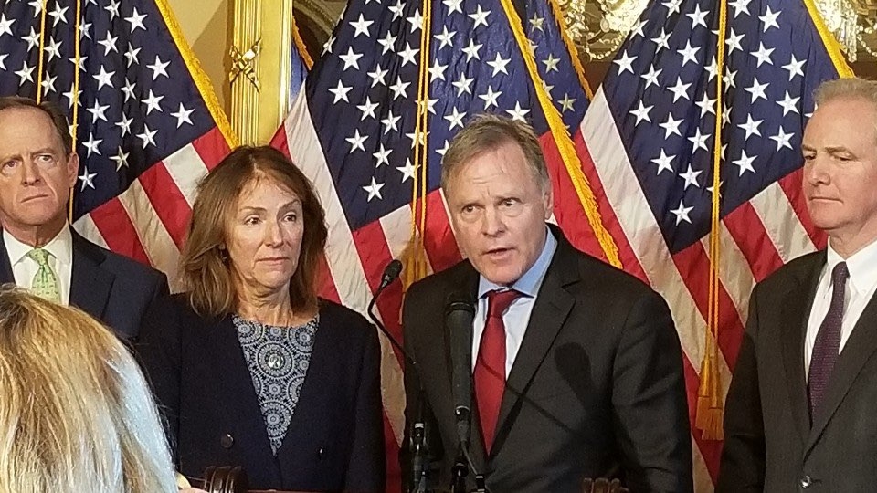 This photo shows Cindy (2nd from L) and Fred Warmbier (3rd from L), parents of Otto Warmbier, who died in 2017 after more than a year of detention in North Korea, speaking at a news conference on Capitol Hill in Washington on Dec. 18, 2019. (Yonhap)