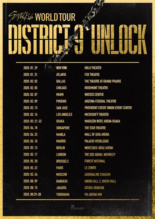 This timetable of Stray Kids' upcoming world tour, "District 9: Unlock," was provided by JYP Entertainment. (PHOTO NOT FOR SALE) (Yonhap)