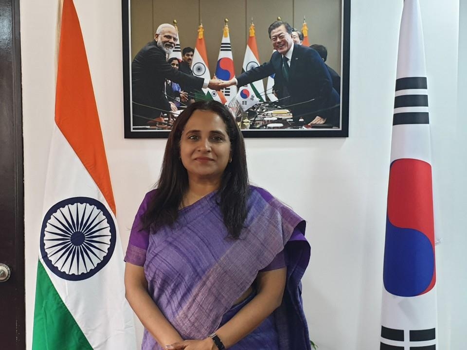 Sripriya Ranganathan, Indian Ambassador to South Korea, poses for photo after an interview with Yonhap News Agency in Seoul on Feb. 20, 2020. (Yonhap)
