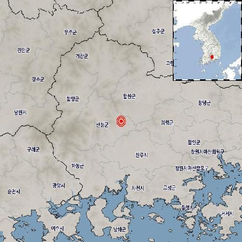 This map shows the epicenter of a 2.7 magnitude earthquake that hit the southeastern county of Sancheong on March 20, 2020. (Yonhap)