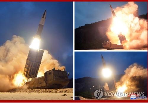 This composite photo, released by the North's Korean Central News Agency on Aug. 11, 2019, shows the test-firing of missiles, one day after their launch from the eastern North Korean coastal city of Hamhung. (For Use Only in the Republic of Korea. No Redistribution) (Yonhap)