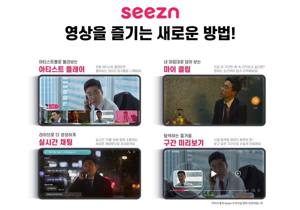 KT Corp.'s video streaming service Seezn's new services, such as compiling scenes of users' favorite actors, are shown in this image provided by the company on Aug. 27, 2020. (PHOTO NOT FOR SALE)(Yonhap) 
