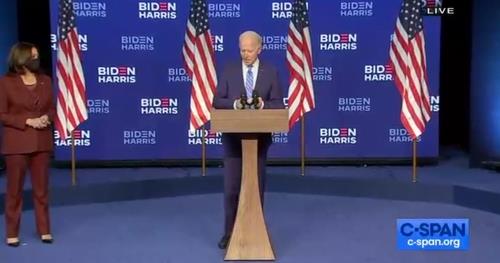 The captured image from the website of U.S. cable news network C-Span shows Democratic presidential candidate Joe Biden speaking at a press conference in Wilmington, Delaware, on Nov. 4, 2020, that was also attended by vice presidential candidate Sen. Kamala Harris. (PHOTO NOT FOR SALE) (Yonhap)
