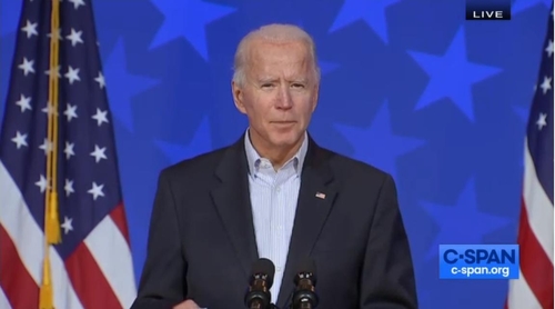 The captured image from the website of U.S. cable news network C-Span shows Democratic presidential candidate Joe Biden speaking at a press conference in Wilmington, Delaware, on Nov. 5, 2020. (PHOTO NOT FOR SALE) (Yonhap)