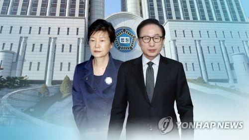 This composite image produced by Yonhap News TV shows Park Geun-hye (L) and Lee Myung-bak, two former presidents currently in jail for corruption charges. (PHOTO NOT FOR SALE) (Yonhap) 