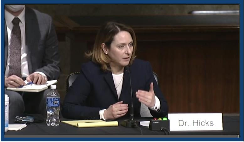 The captured image from the website of the U.S. Senate Armed Services Committee shows Deputy Secretary of Defense nominee Kathleen Hicks speaking in her Senate confirmation hearing in Washignton on Feb. 2, 2021. (Yonhap)