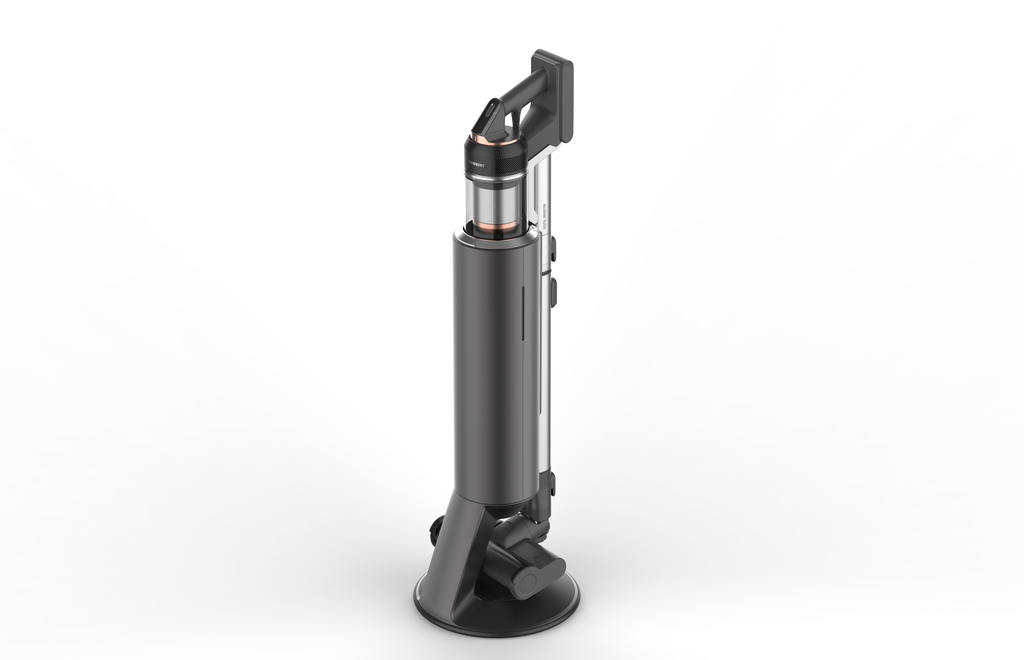 This image provided by Samsung Electronics Co. on Feb. 3, 2021, shows the company's new Jet stick vacuum cleaner with a Clean Station stand. (PHOTO NOT FOR SALE) (Yonhap)