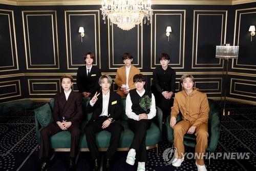 This photo, provided by Big Hit Entertainment, shows K-pop superstar BTS attending an online red carpet event for the 2021 Grammy Awards. (PHOTO NOT FOR SALE) (Yonhap) 