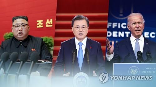 The combined photo provided by Yonhap News TV shows South Korean President Moon Jae-in (C), U.S. President Joe Biden (R) and North Korean leader Kim Jong-un. (PHOTO NOT FOR SALE) (Yonhap)