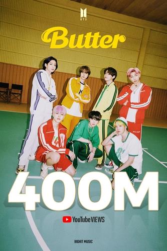 This photo, provided by Big Hit Music, celebrates 400 million YouTube views by the BTS music video "Butter." (PHOTO NOT FOR SALE) (Yonhap)