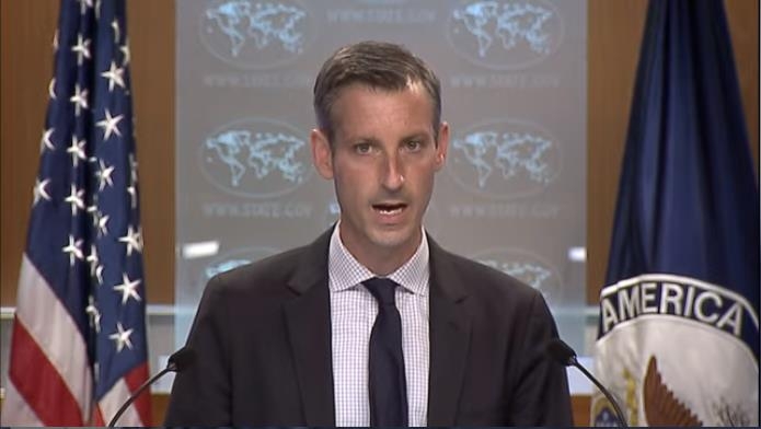 Ned Price, spokesman for the U.S. Department of State, is seen answering questions at a press briefing at the department in Washington on Jan. 20, 2021, in this image captured from the website of the State Department. (PHOTO NOT FOR SALE) (Yonhap)