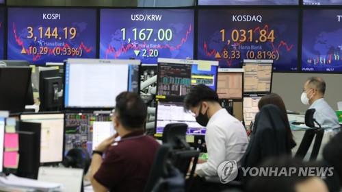 Electronic signboards at a Hana Bank dealing room in Seoul show the benchmark Korea Composite Stock Price Index (KOSPI) closed at 3,144.19 on Aug. 30, 2021, up 10.29 points, or 0.33 percent, from the previous session's close. (Yonhap) 
