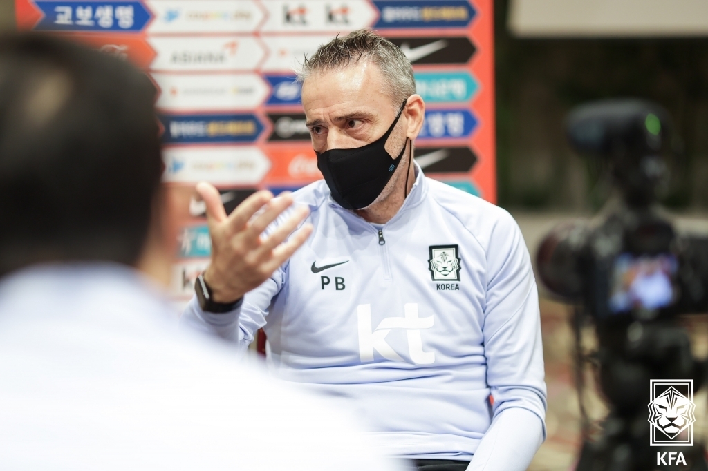 Paulo Bento, head coach of the South Korean men's national football team, speaks with the Korea Football Association (KFA) in an interview at Cornelia Diamond Golf Resort & Spa Hotel in Antalya, Turkey, on Jan. 13, 2022, in this photo provided by the KFA. (PHOTO NOT FOR SALE) (Yonhap)