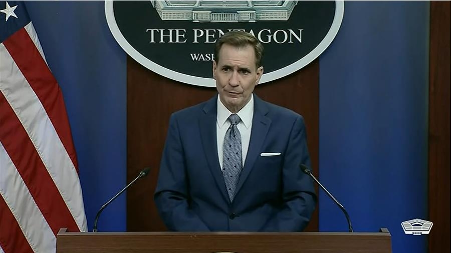 U.S. Department of Defense Press Secretary John Kirby is seen taking a question in a press briefing at the Pentagon in Washington on April 6, 2022 in this image captured from the department's website. (Yonhap)