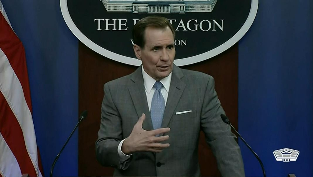 U.S. Department of Defense spokesperson John Kirby is seen answering a question in a press briefing at the Pentagon in Washington on April 18, 2022 in this image captured from the department's website. (Yonhap)