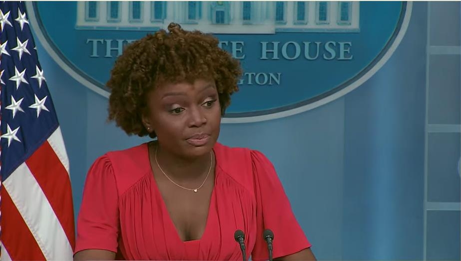 White House Press Secretary Karine Jean-Pierre is seen answering questions in a press briefing at the White House in Washington on May 16, 2022 in this image captured from the White House's website. (Yonhap)