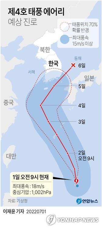 This image from July 1, 2022, shows the predicted course of tropical storm Aere. (Yonhap) 