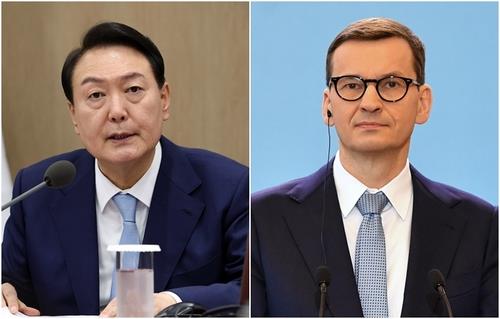 This combination of undated file photos shows South Korean President Yoon Suk-yeol (L) and Polish Prime Minister Mateusz Morawiecki. (Yonhap) (EPA)