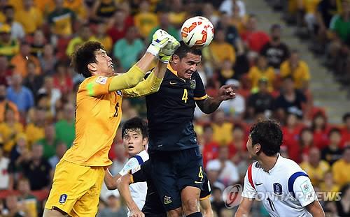 In this EPA file photo from Jan. 17, 2015, Tim Cahill of Australia (C) heads the ball ahead of Kim Jin-hyeon of South Korea (L) during the teams' Group A match at the Asian Football Confederation Asian Cup at Brisbane Stadium in Brisbane, Australia. (Yonhap)