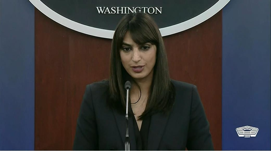 Sabrina Singh, deputy spokesperson for the Department of Defense, is seen answering questions during a daily press briefing at the Pentagon in Washington on Oct. 28, 2022 in this image captured from the department's website. (Yonhap)