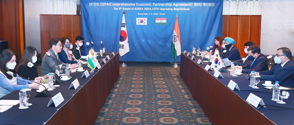 This photo, provided by South Korea's Ministry of Trade, Industry and Energy on Nov. 3, 2022, shows South Korean and Indian officials holding talks to revise their Comprehensive Economic Partnership Agreement in Seoul. (PHOTO NOT FOR SALE) (Yonhap)