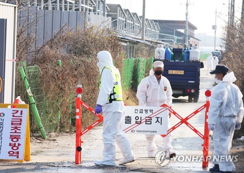 Authorities block the entrance to a chicken farm with a confirmed bird flu case in Hwaseong, some 40 kilometers south of Seoul, on Nov. 17, 2022. (Yonhap)