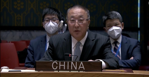 Zhang Jun, China's ambassador to the United Nations, is seen speaking in a U.N. Security Council meeting, held in New York on Nov. 21, 2022 to discuss North Korea's missile tests in this captured image. (PHOTO NOT FOR SALE) (Yonhap)