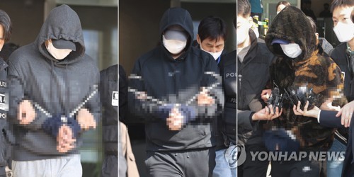 This combination of photos shows three suspects involved in the abduction and murder of a woman being taken to the Seoul Central District Court on April 3, 2023, for a hearing to review the police's request for their arrest warrants. (Yonhap)