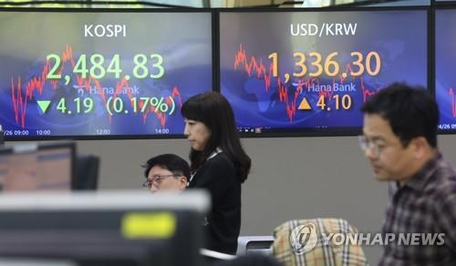 An electronic signboard at a Hana Bank dealing room in Seoul shows the benchmark Korea Composite Stock Price Index (KOSPI) closed at 2,484.83 points on April 26, 2023, down 0.17 percent from the previous session's close. (Yonhap) 