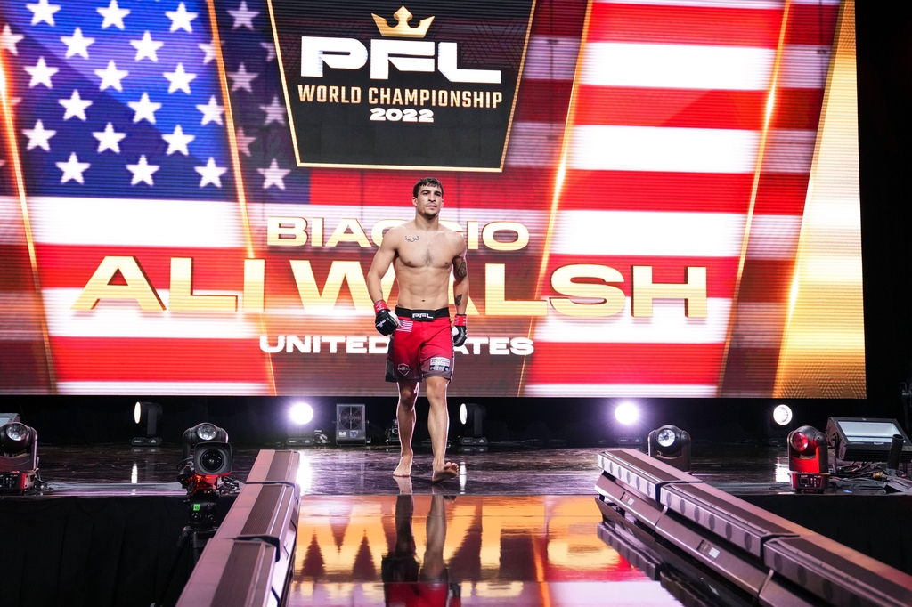 Biaggio Ali Walsh of the United States enters Hulu Theater at Madison Square Garden in New York for a fight against Tom Graesser, also of the United States, in the Professional Fighters League (PFL) on Nov. 25, 2022, in this photo provided by the PFL. (PHOTO NOT FOR SALE) (Yonhap)