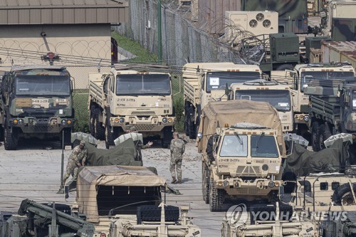 8월 21~31일 연합 을지프리덤실드 훈련을 앞두고 2023년 8월 18일 서울에서 북쪽으로 41㎞ 떨어진 동두천 미군기지에서 미군 장갑차가 보인다.  (연합)
