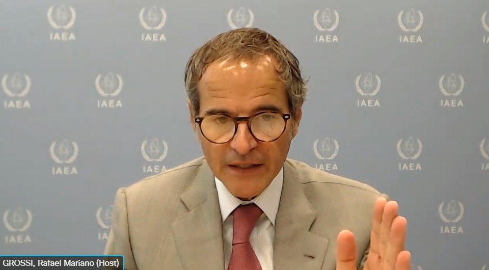 IAEA Director General Rafael Mariano Grossi holds an online video interview with Yonhap News Agency on Sept. 15, 2023. (Yonhap) 