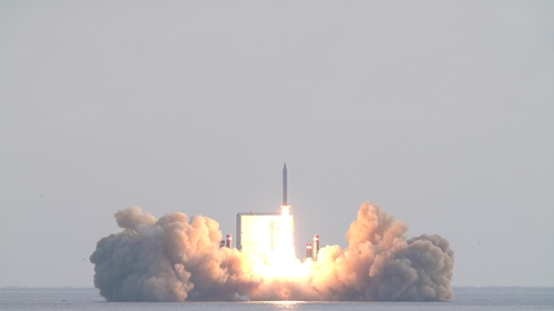 The state-run Agency for Defense Development conducts the third flight test of a solid-fuel rocket carrying Hanwha Systems' Earth observation satellite on a barge floating about 4 kilometers south of Jeju Island on Dec. 4, 2023, in this photo provided by Hanwha Systems. (PHOTO NOT FOR SALE) (Yonhap) 