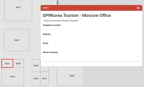 Este mapa, tomado del sitio web de la 30.ª Exposición Internacional de Viajes y Hospitalidad el 7 de marzo de 2024, muestra la ubicación de un stand que será administrado por la oficina de Turismo de Corea del Norte en Moscú.  (FOTO NO EN VENTA) (Yonhap)