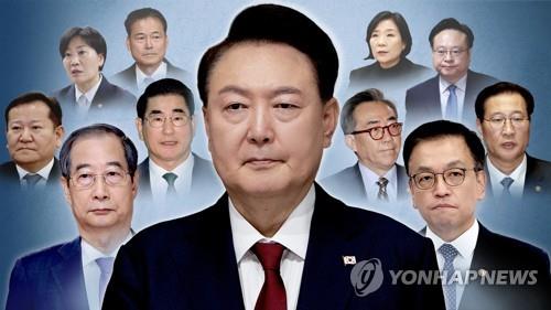 Esta combinación muestra al presidente Yoon Suk Yeol (C) y a 10 miembros del gabinete que asistieron a una reunión del gabinete celebrada poco antes de la declaración de la ley marcial por parte de Yoon el 3 de diciembre de 2024. (Yonhap)